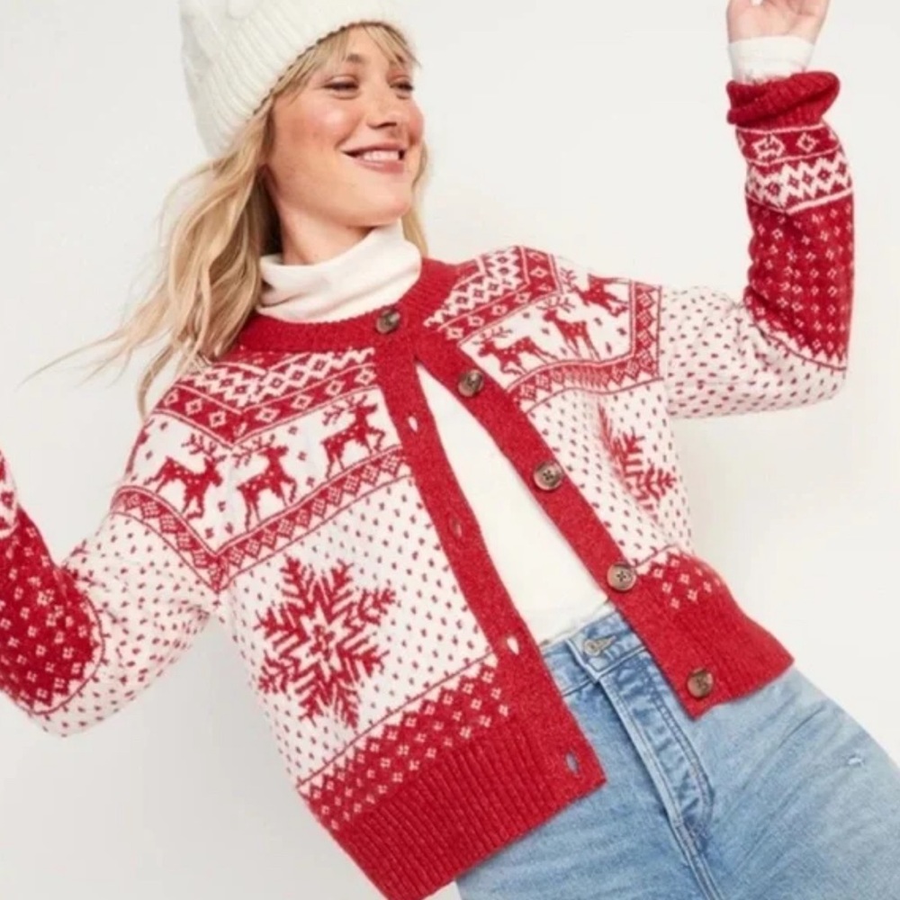 Old Navy fair isle red cardigan sweater Size Large women’s